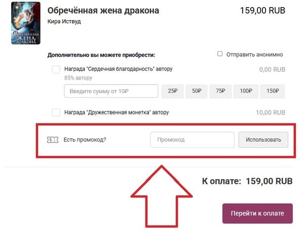 Окно ввода промокода в корзине заказа на сайте Litnet.com